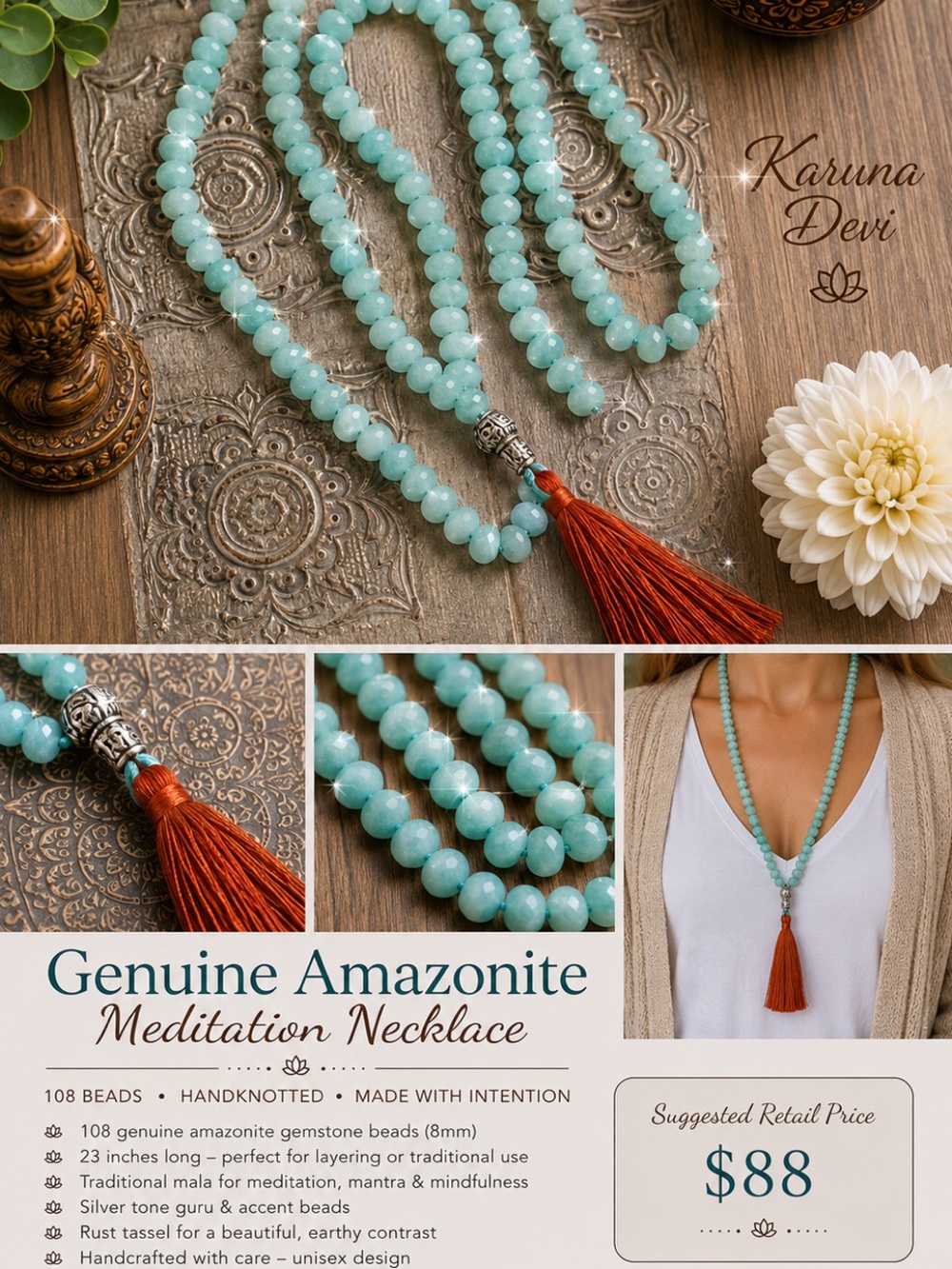 Aqua Amazonite Genuine Stone, 108-Bead Meditation Necklace with Rust Tassel